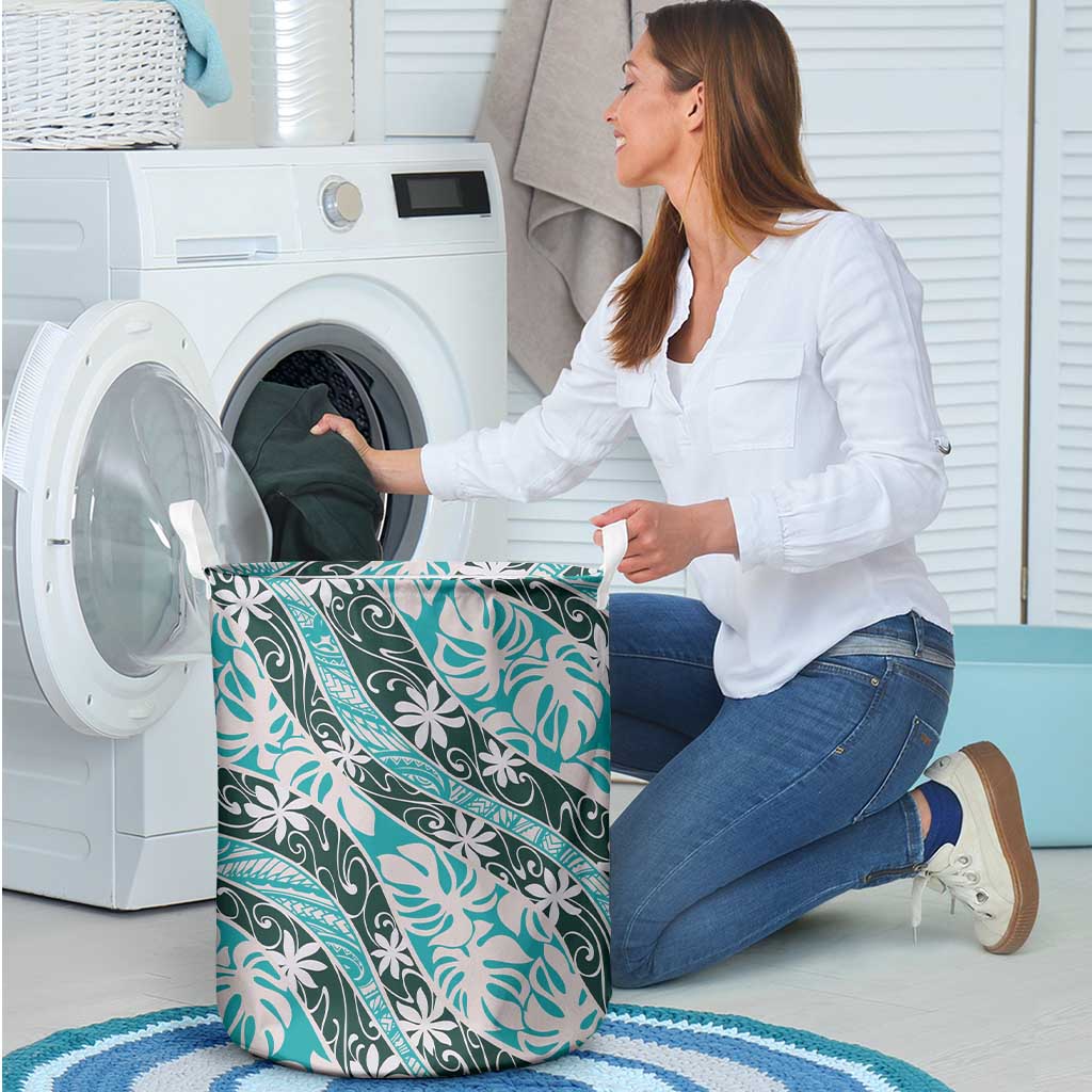 Cyan Tahiti Tiare Monstera Laundry Basket Polynesian Pattern Curve Style LT01 - Polynesian Pride