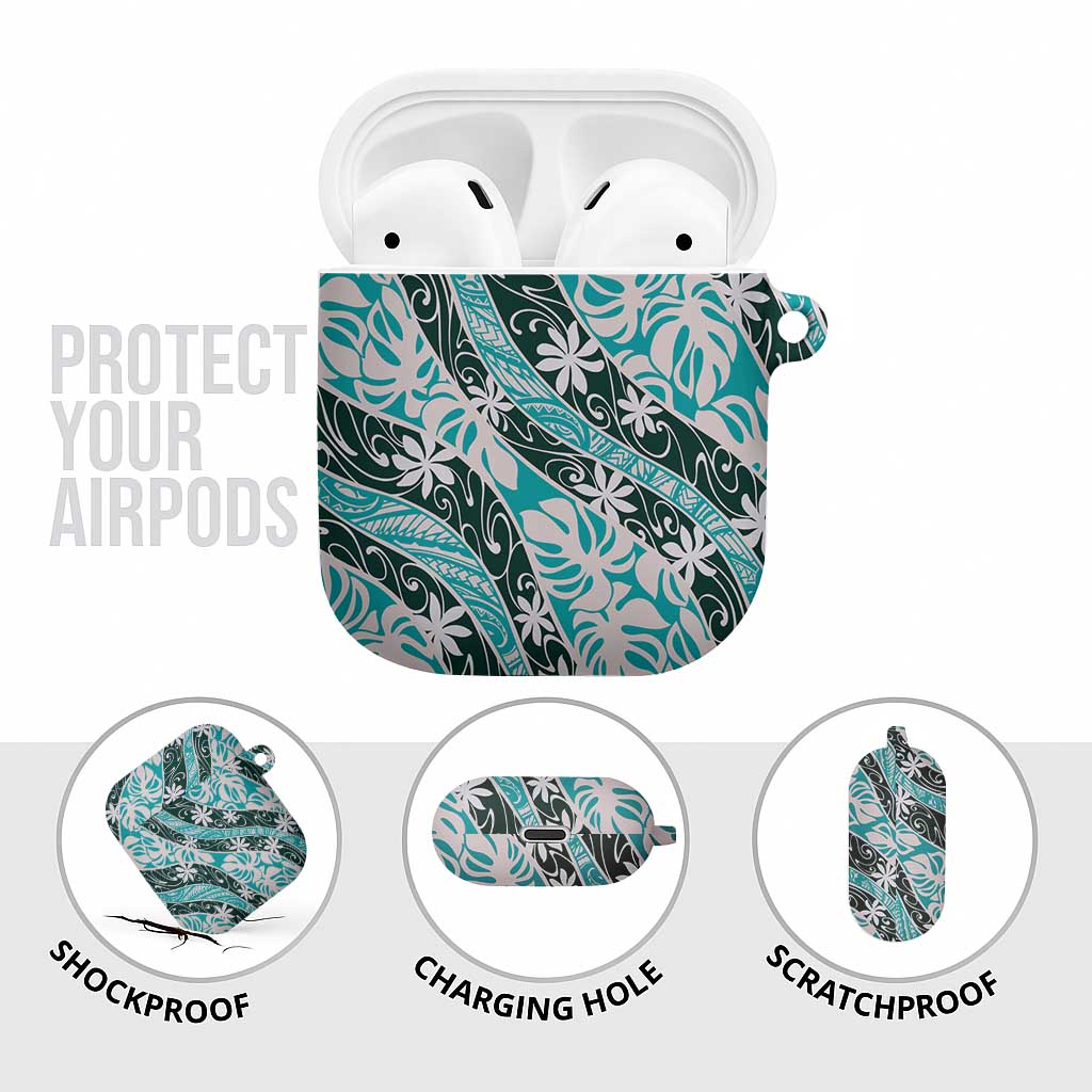 Cyan Tahiti Tiare Monstera AirPods Case Polynesian Pattern Curve Style - Polynesian Pride
