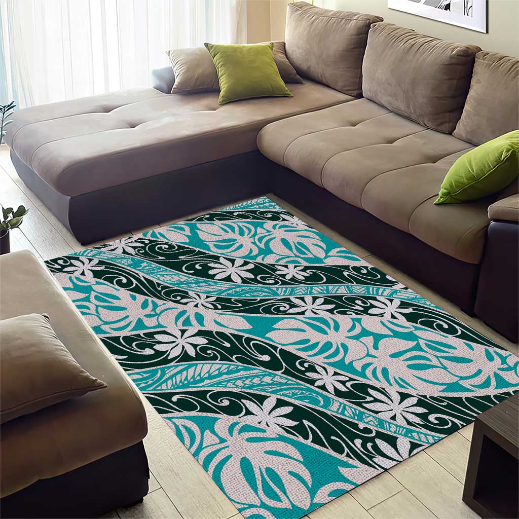 Cyan Tahiti Tiare Monstera Area Rug Polynesian Pattern Curve Style - Polynesian Pride