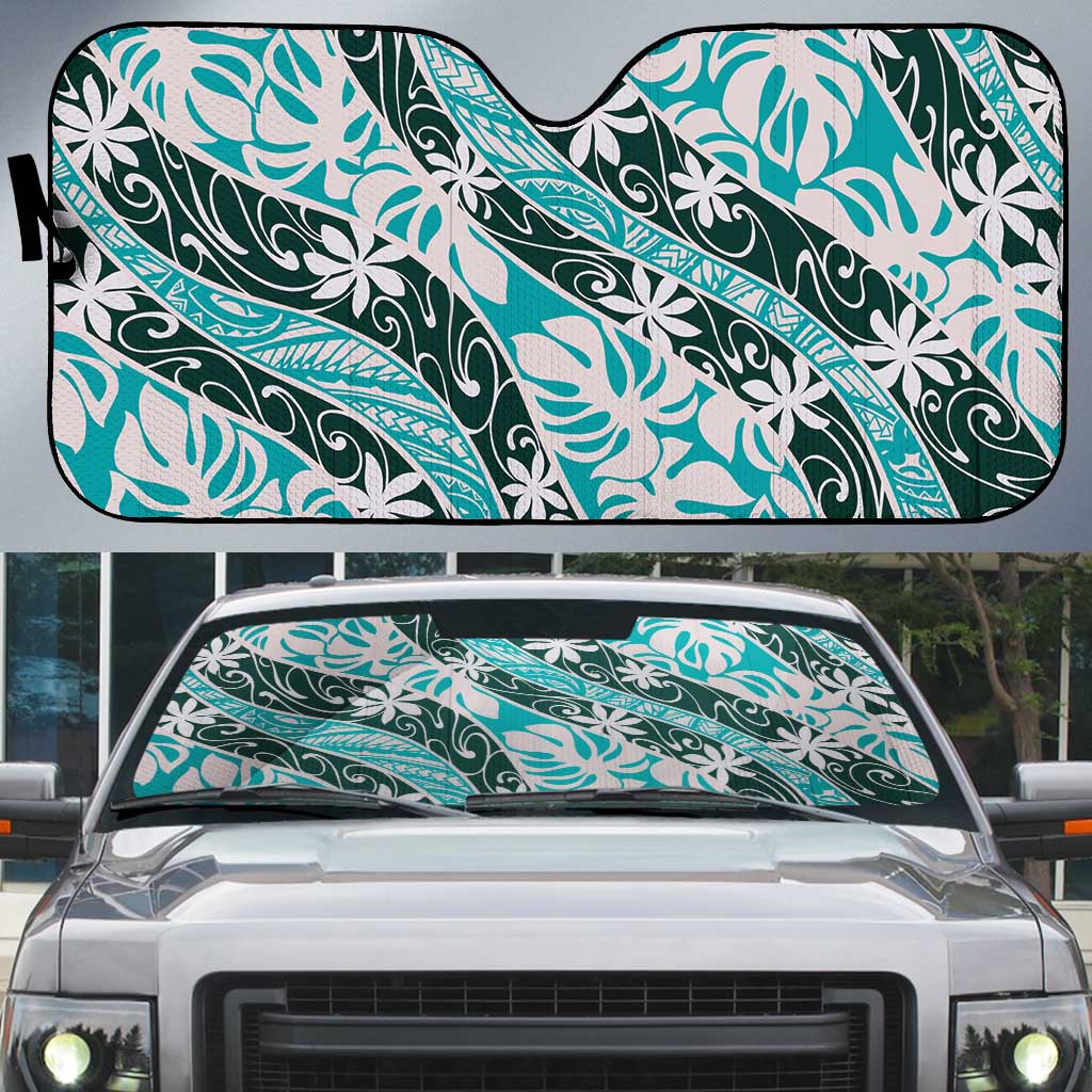 Cyan Tahiti Tiare Monstera Auto Sun Shade Polynesian Pattern Curve Style - Polynesian Pride