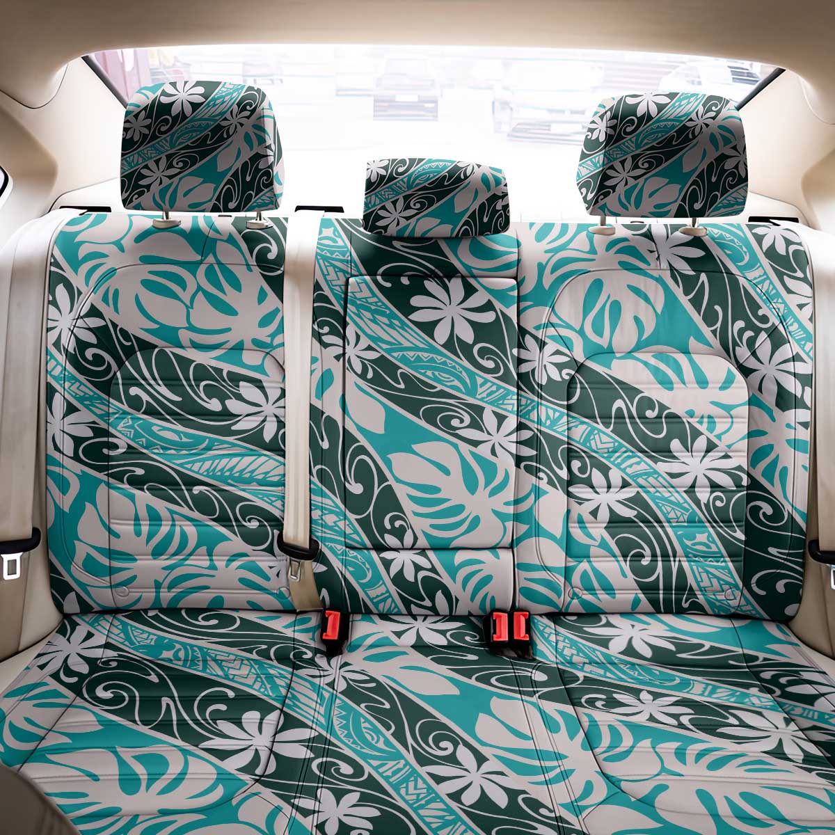 Cyan Tahiti Tiare Monstera Back Car Seat Cover Polynesian Pattern Curve Style - Polynesian Pride