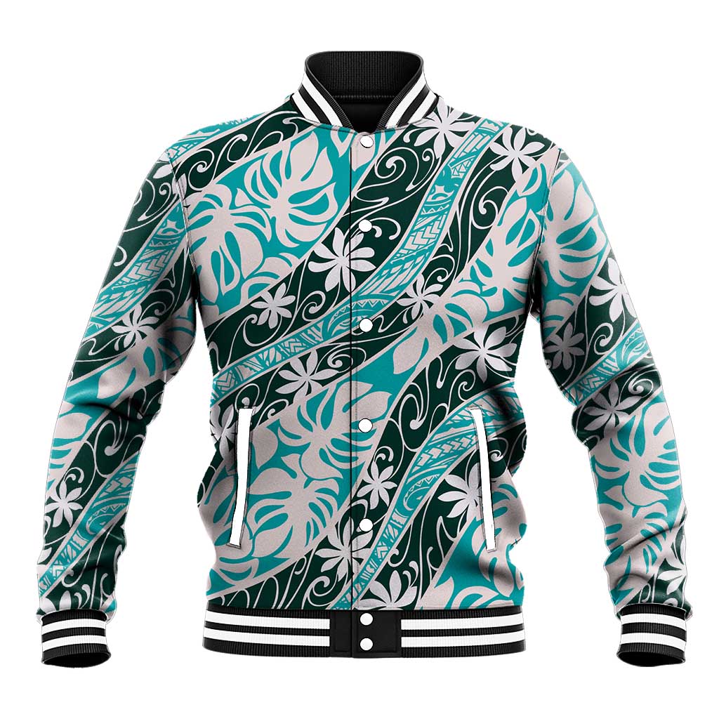 Cyan Tahiti Tiare Monstera Baseball Jacket Polynesian Pattern Curve Style LT01 Unisex Cyan - Polynesian Pride