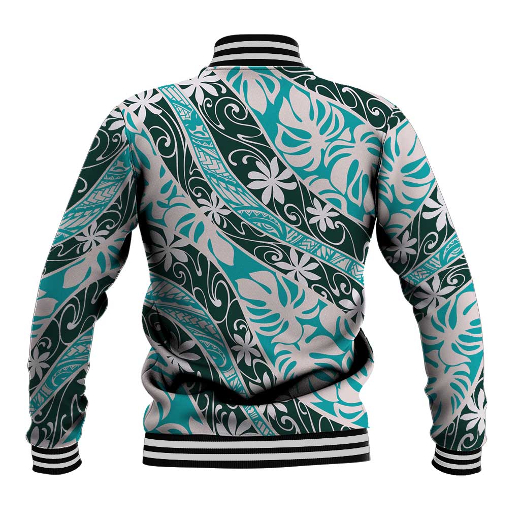 Cyan Tahiti Tiare Monstera Baseball Jacket Polynesian Pattern Curve Style LT01 - Polynesian Pride
