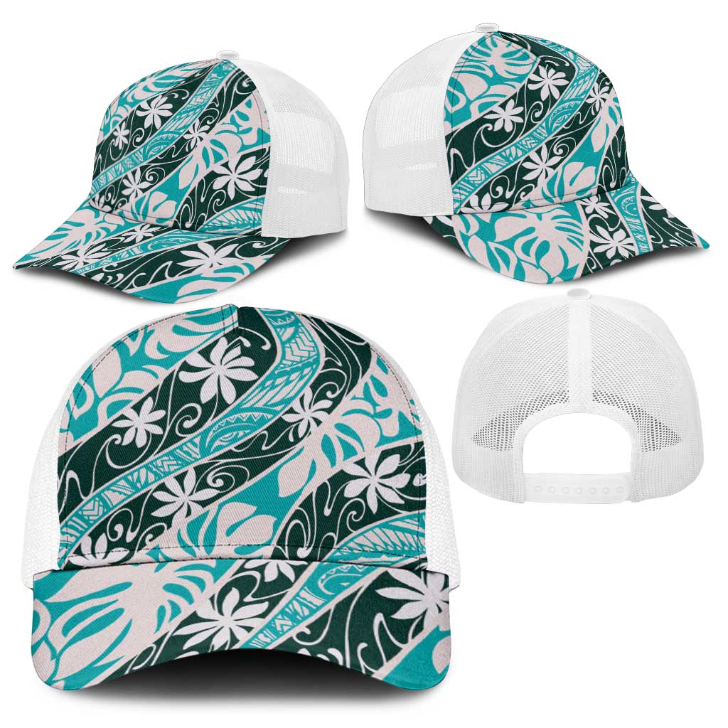 Cyan Tahiti Tiare Monstera Baseball Net Cap Polynesian Pattern Curve Style - Polynesian Pride