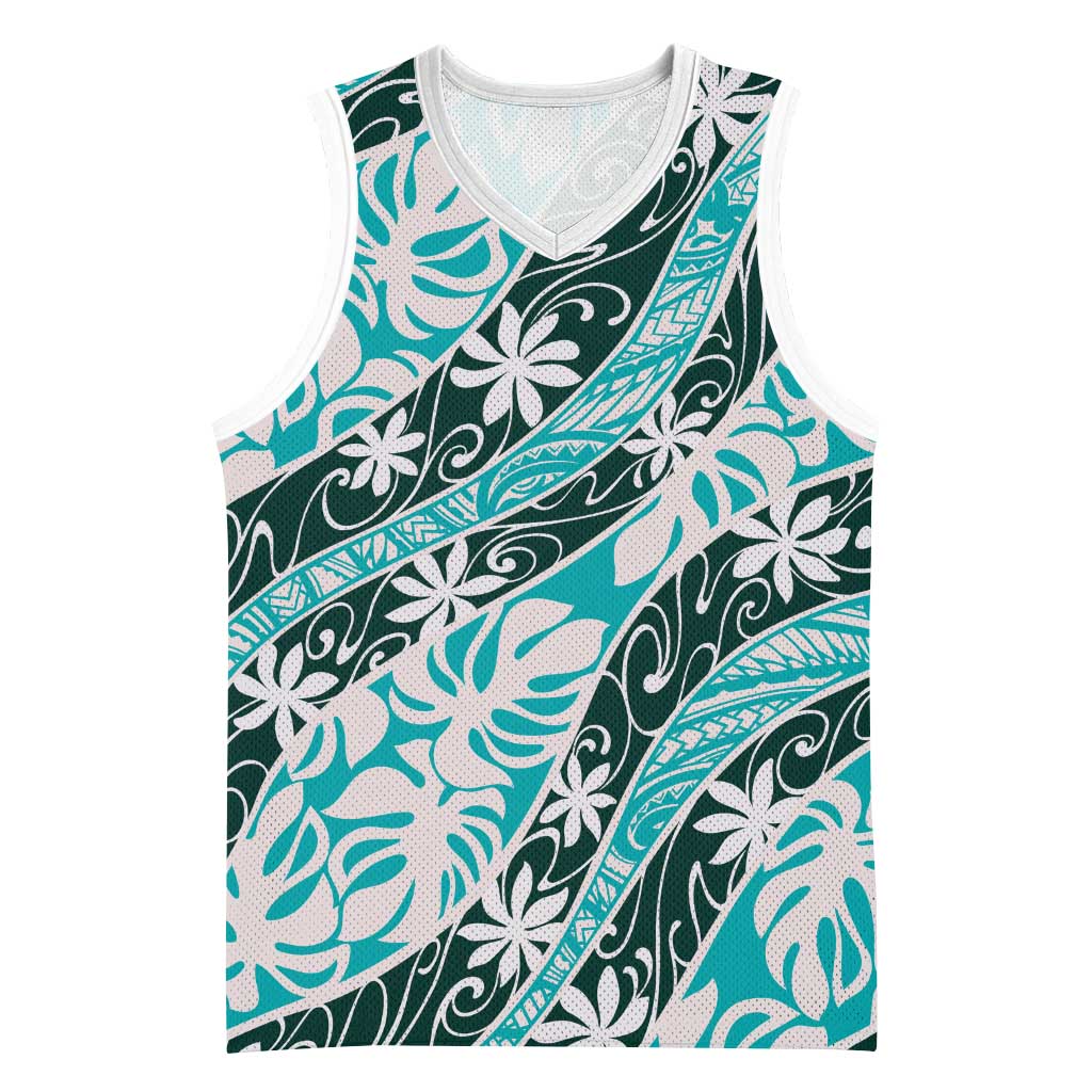 Cyan Tahiti Tiare Monstera Basketball Jersey Polynesian Pattern Curve Style LT01 Unisex Cyan - Polynesian Pride