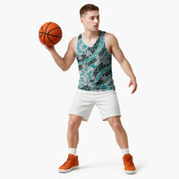 Cyan Tahiti Tiare Monstera Basketball Jersey Polynesian Pattern Curve Style - Polynesian Pride