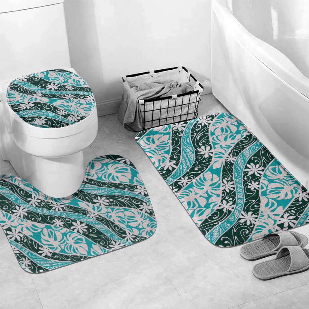 Cyan Tahiti Tiare Monstera Bathroom Set Polynesian Pattern Curve Style - Polynesian Pride