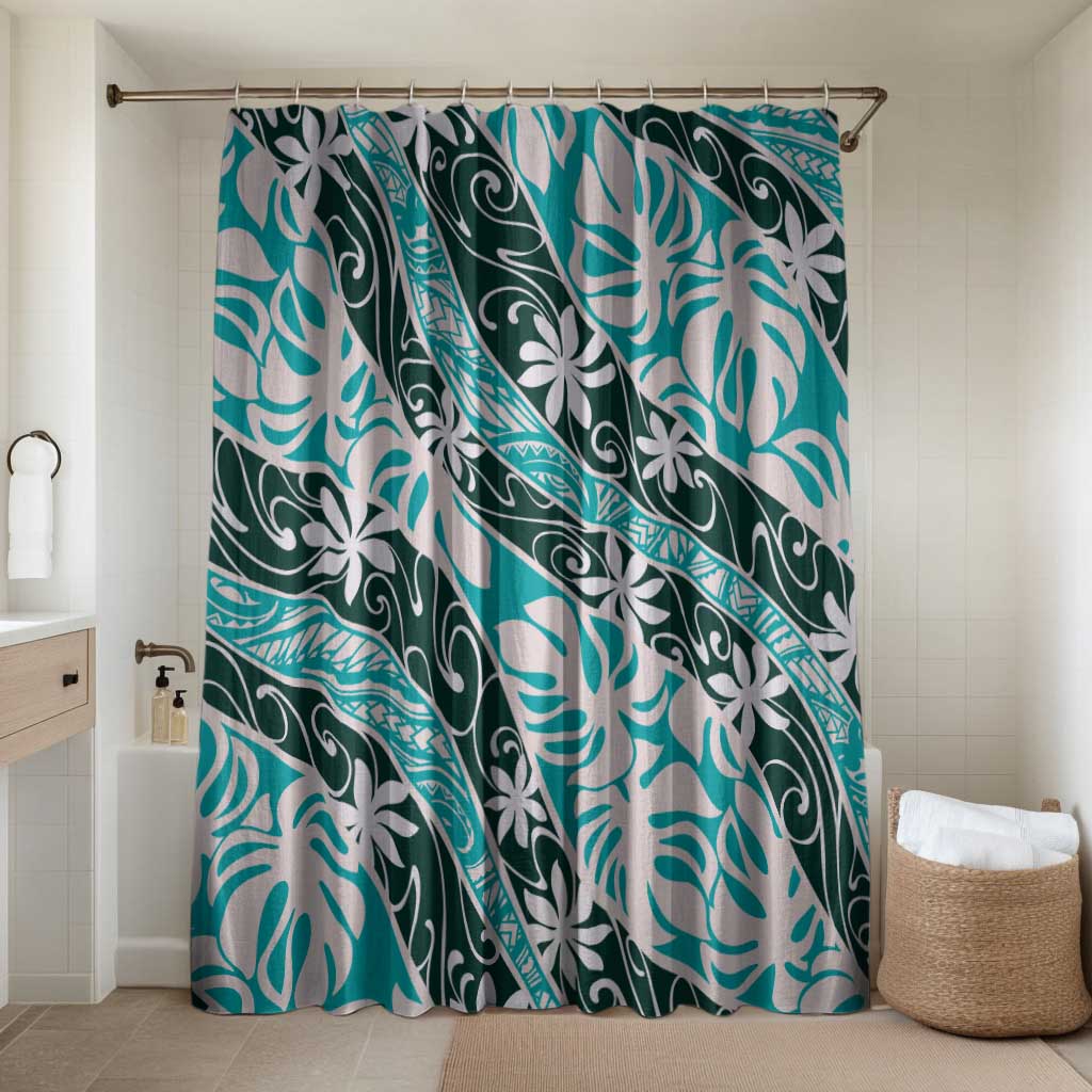 Cyan Tahiti Tiare Monstera Bathroom Set Polynesian Pattern Curve Style - Polynesian Pride