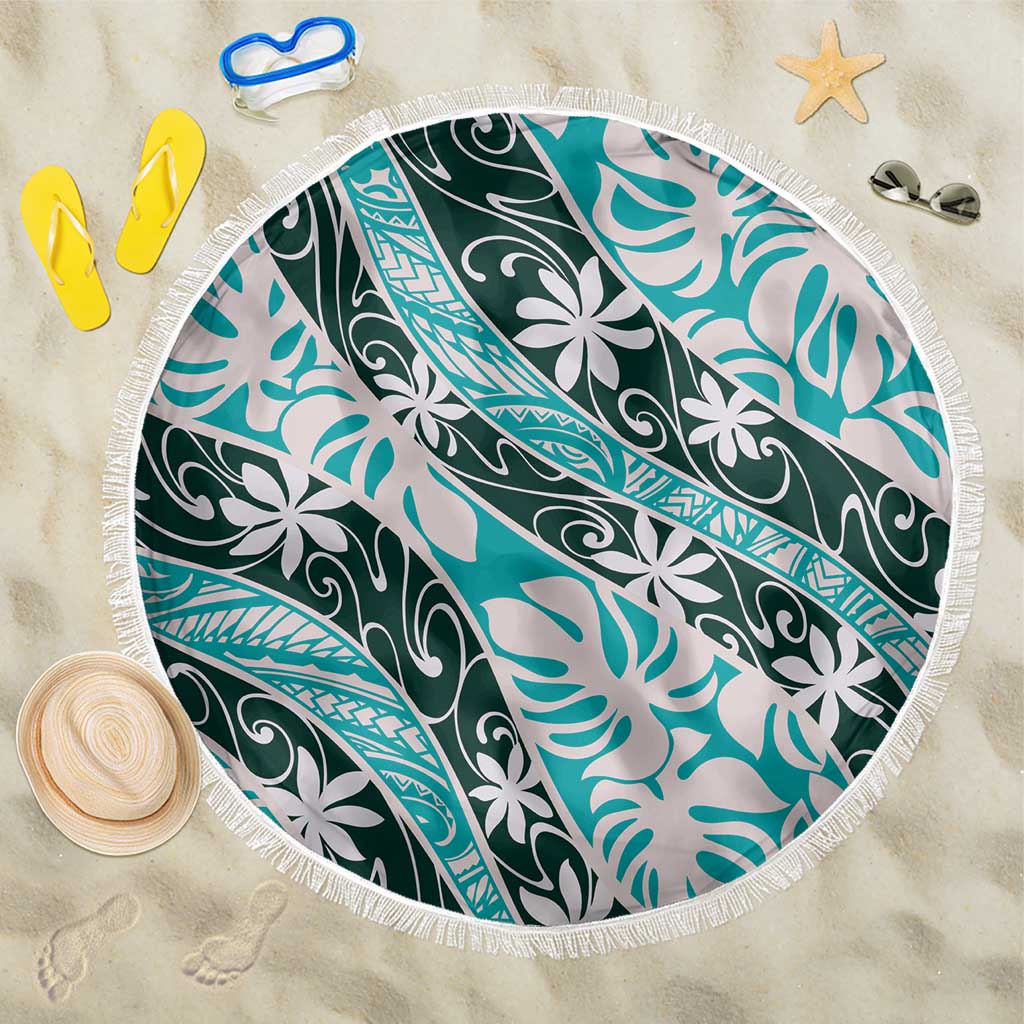 Cyan Tahiti Tiare Monstera Beach Blanket Polynesian Pattern Curve Style LT01 One Size 150cm Cyan - Polynesian Pride