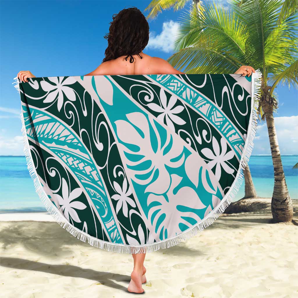 Cyan Tahiti Tiare Monstera Beach Blanket Polynesian Pattern Curve Style LT01 - Polynesian Pride