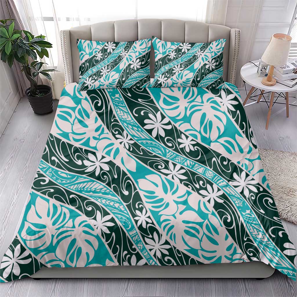Cyan Tahiti Tiare Monstera Bedding Set Polynesian Pattern Curve Style LT01 - Polynesian Pride