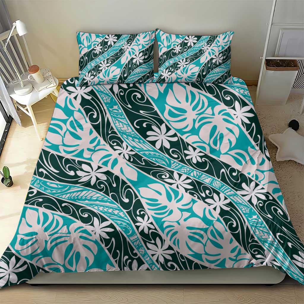 Cyan Tahiti Tiare Monstera Bedding Set Polynesian Pattern Curve Style LT01 - Polynesian Pride