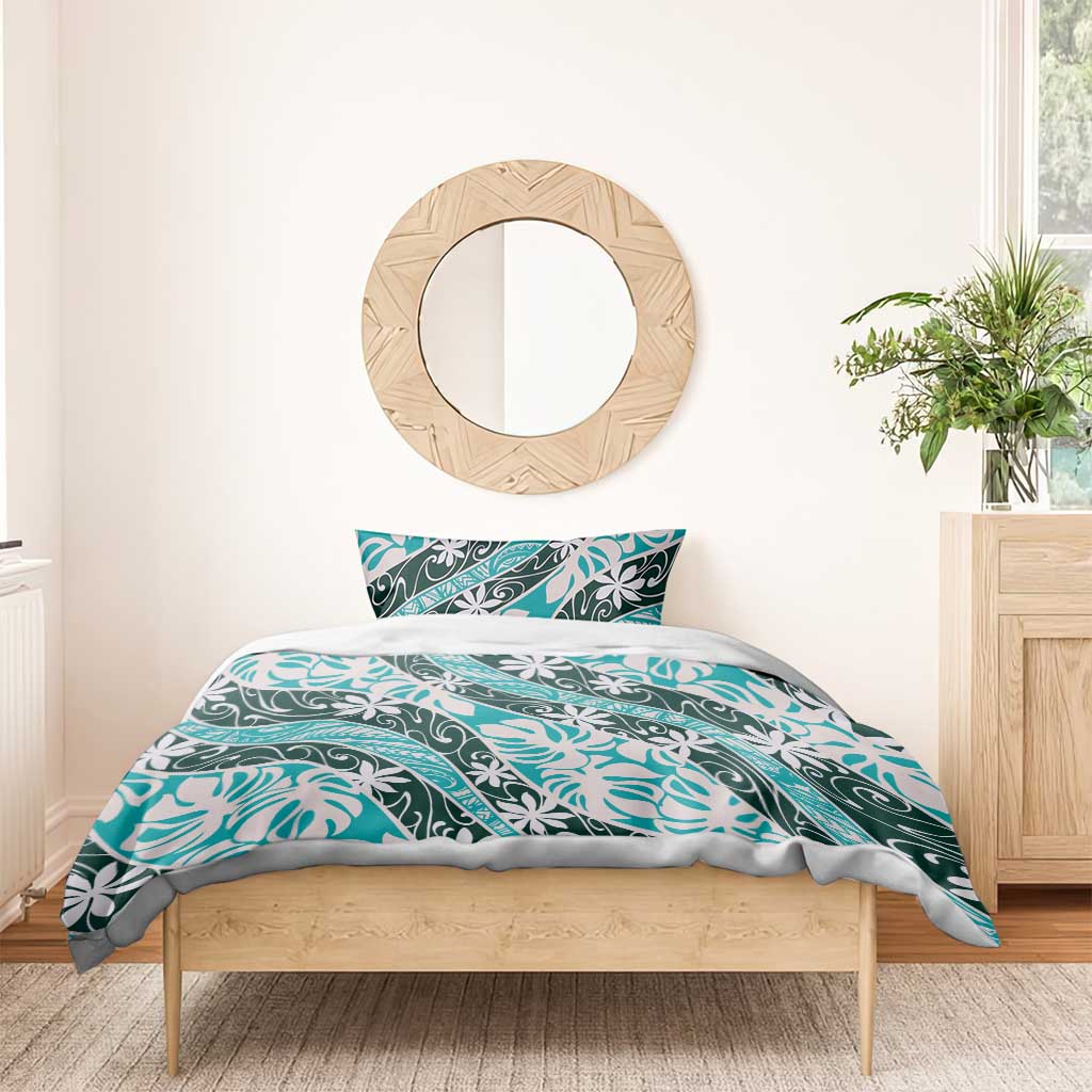 Cyan Tahiti Tiare Monstera Bedding Set Polynesian Pattern Curve Style LT01 - Polynesian Pride