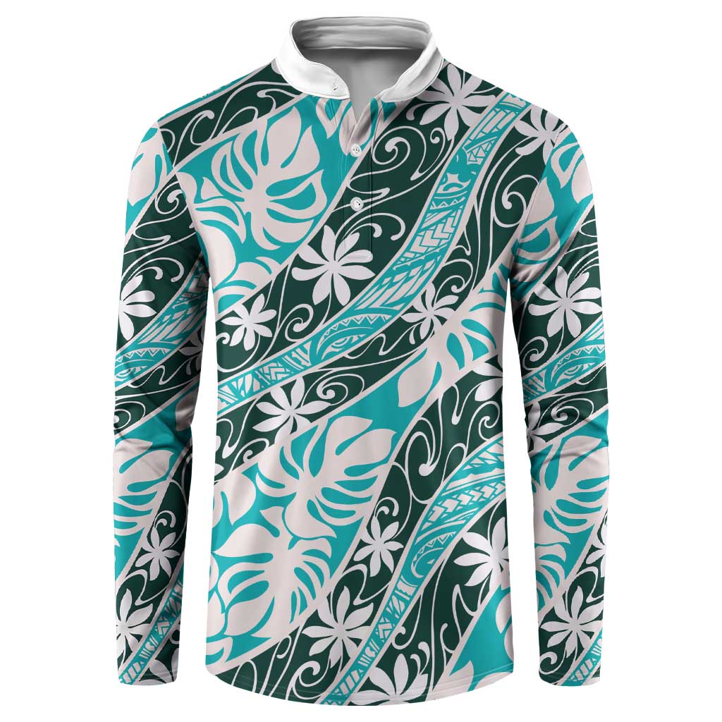 Cyan Tahiti Tiare Monstera Button Sweatshirt Polynesian Pattern Curve Style LT01 Cyan - Polynesian Pride