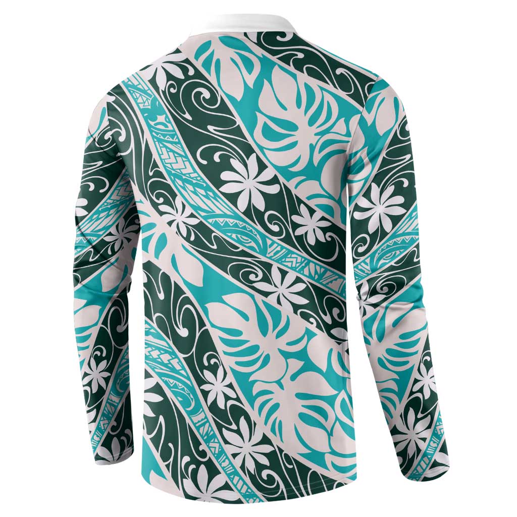 Cyan Tahiti Tiare Monstera Button Sweatshirt Polynesian Pattern Curve Style LT01 - Polynesian Pride