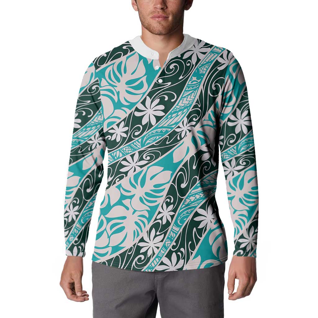 Cyan Tahiti Tiare Monstera Button Sweatshirt Polynesian Pattern Curve Style LT01 - Polynesian Pride
