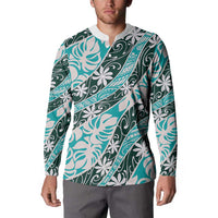 Cyan Tahiti Tiare Monstera Button Sweatshirt Polynesian Pattern Curve Style LT01 - Polynesian Pride