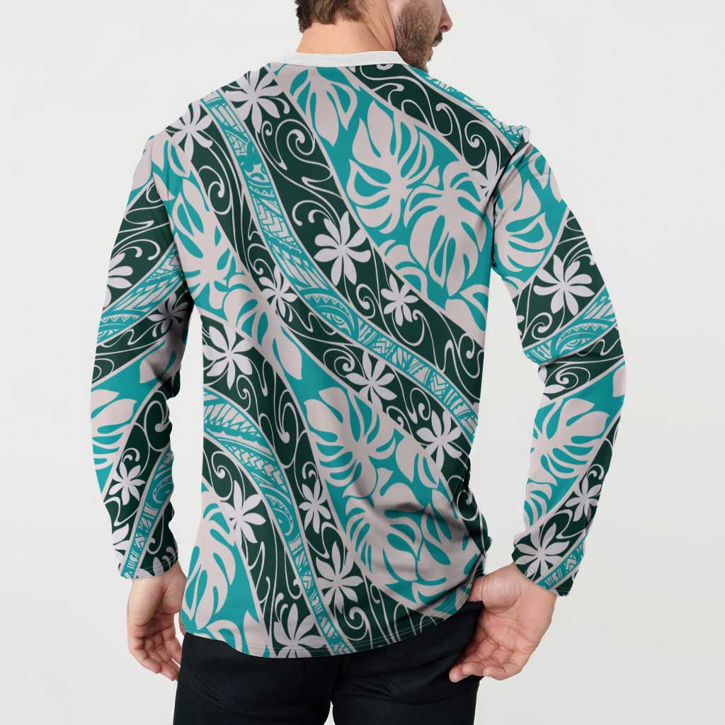 Cyan Tahiti Tiare Monstera Button Sweatshirt Polynesian Pattern Curve Style LT01 - Polynesian Pride