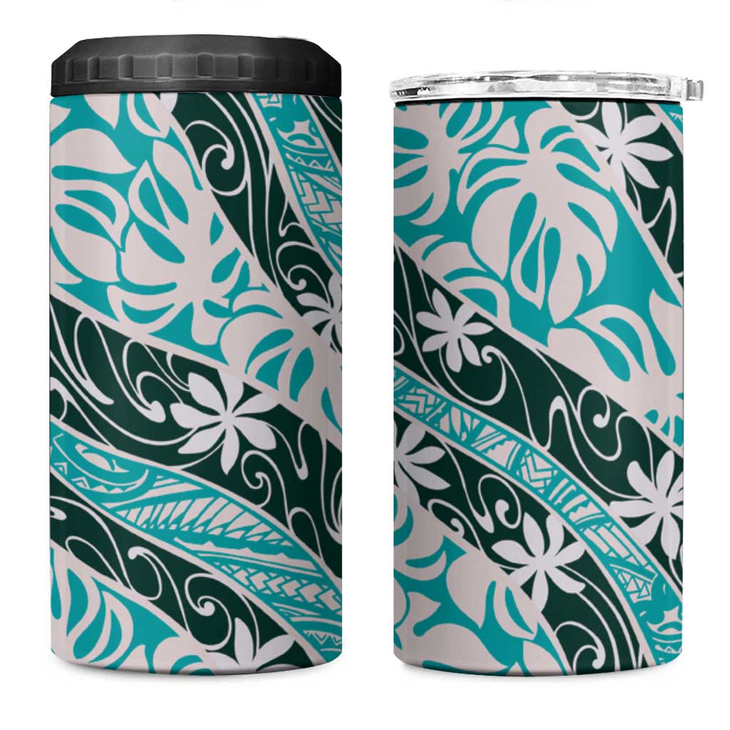 Cyan Tahiti Tiare Monstera 4 in 1 Can Cooler Tumbler Polynesian Pattern Curve Style - Polynesian Pride