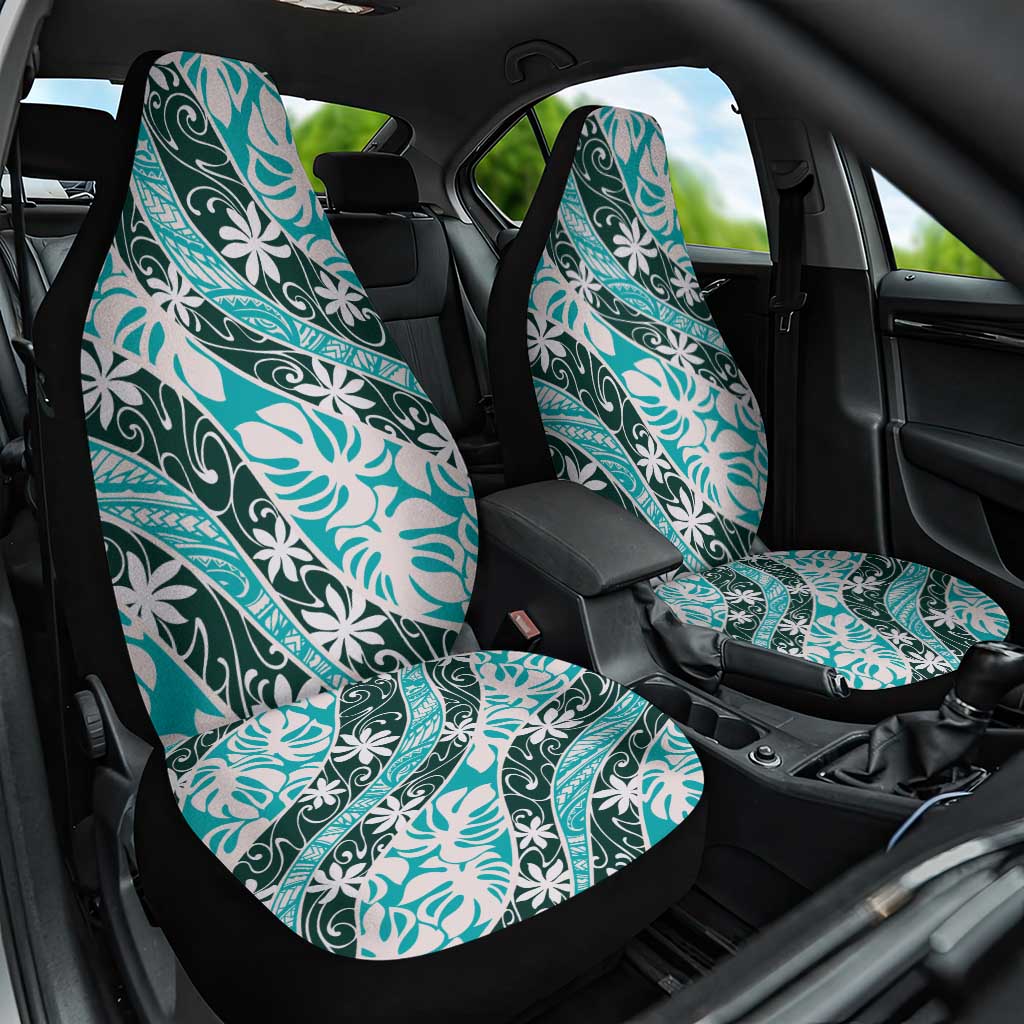 Cyan Tahiti Tiare Monstera Car Seat Cover Polynesian Pattern Curve Style - Polynesian Pride