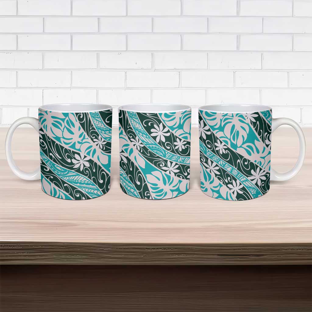 Cyan Tahiti Tiare Monstera Ceramic Mug Polynesian Pattern Curve Style - Polynesian Pride