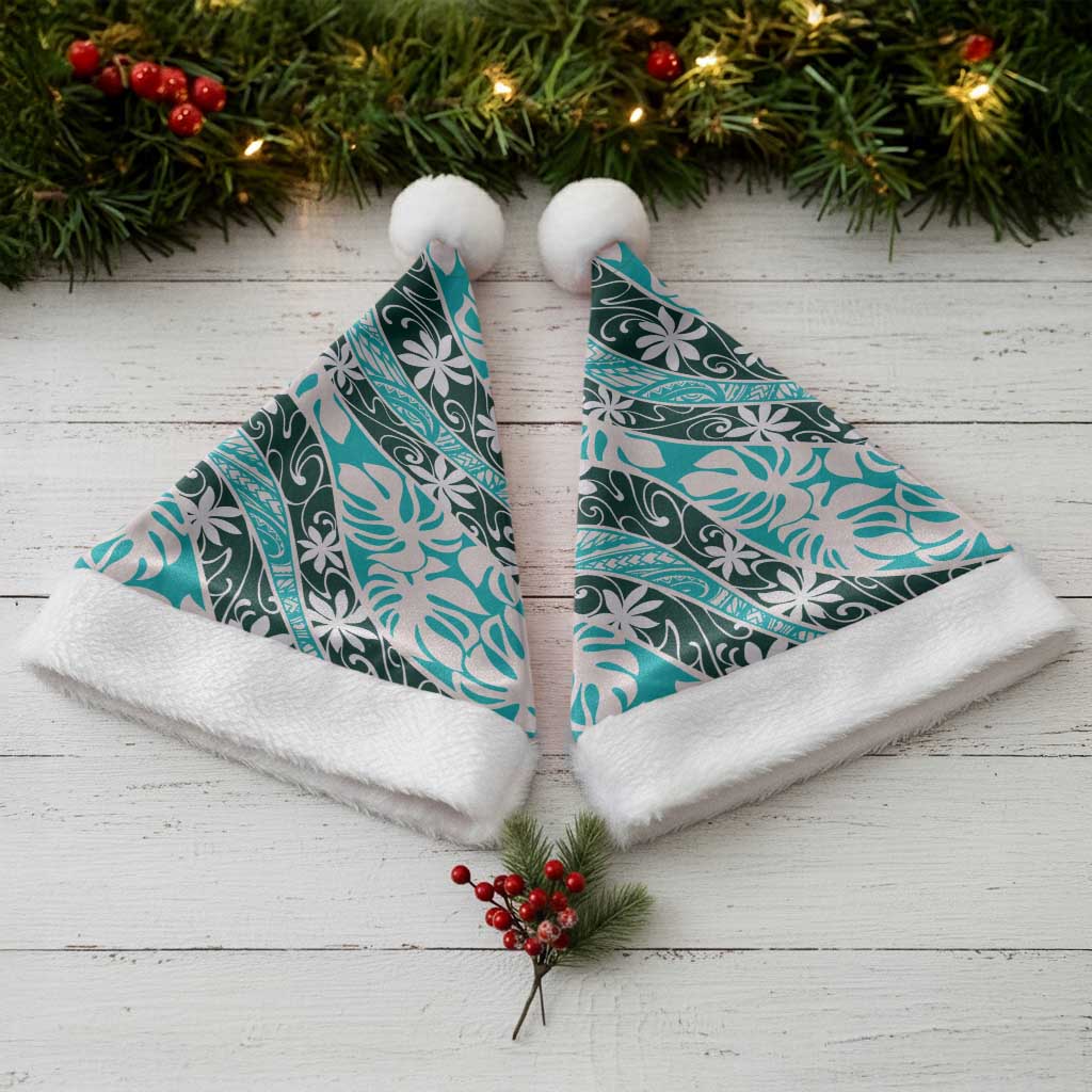 Cyan Tahiti Tiare Monstera Christmas Santa Hat Polynesian Pattern Curve Style - Polynesian Pride