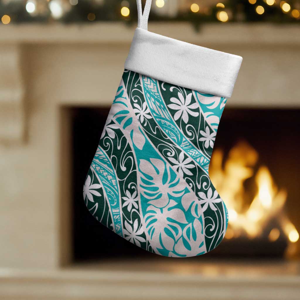 Cyan Tahiti Tiare Monstera Christmas Stocking Polynesian Pattern Curve Style - Polynesian Pride