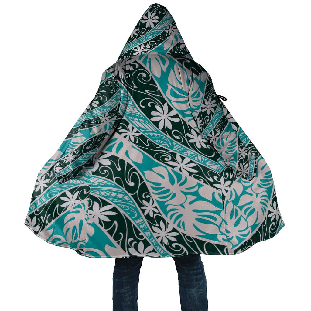 Cyan Tahiti Tiare Monstera Cloak Polynesian Pattern Curve Style - Polynesian Pride