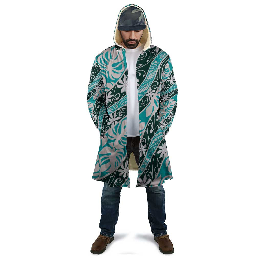 Cyan Tahiti Tiare Monstera Cloak Polynesian Pattern Curve Style - Polynesian Pride