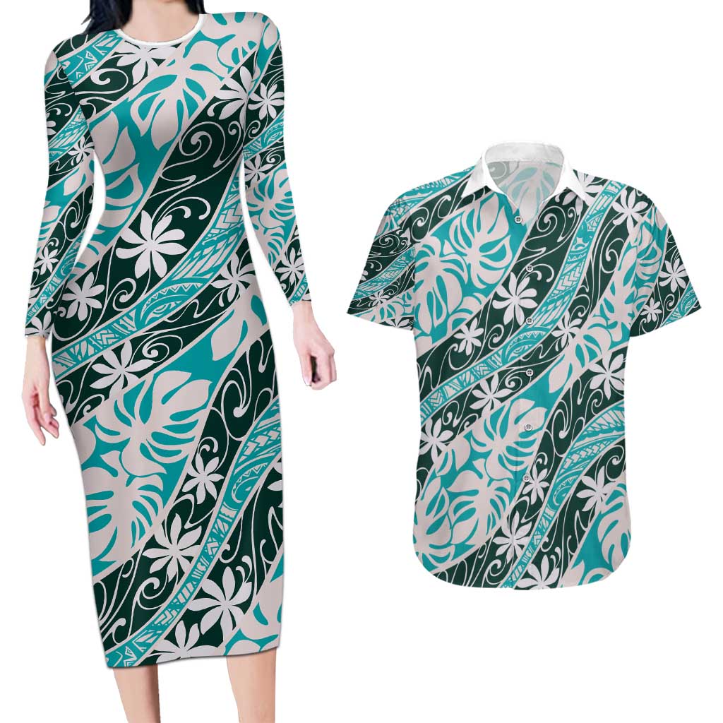 Cyan Tahiti Tiare Monstera Couples Matching Long Sleeve Bodycon Dress and Hawaiian Shirt Polynesian Pattern Curve Style - Polynesian Pride