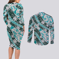 Cyan Tahiti Tiare Monstera Couples Matching Long Sleeve Bodycon Dress and Long Sleeve Button Shirt Polynesian Pattern Curve Style LT01 - Polynesian Pride