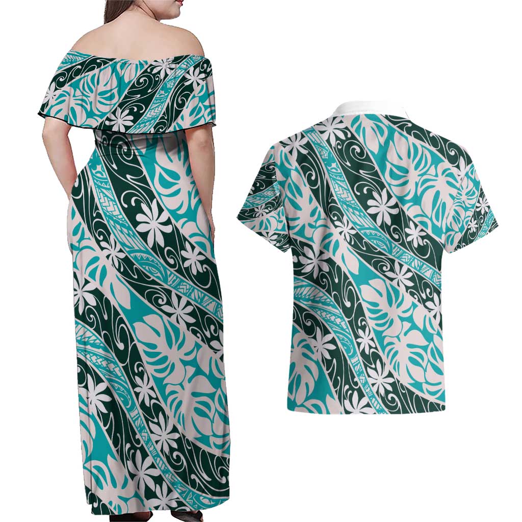 Cyan Tahiti Tiare Monstera Couples Matching Off Shoulder Maxi Dress and Hawaiian Shirt Polynesian Pattern Curve Style - Polynesian Pride