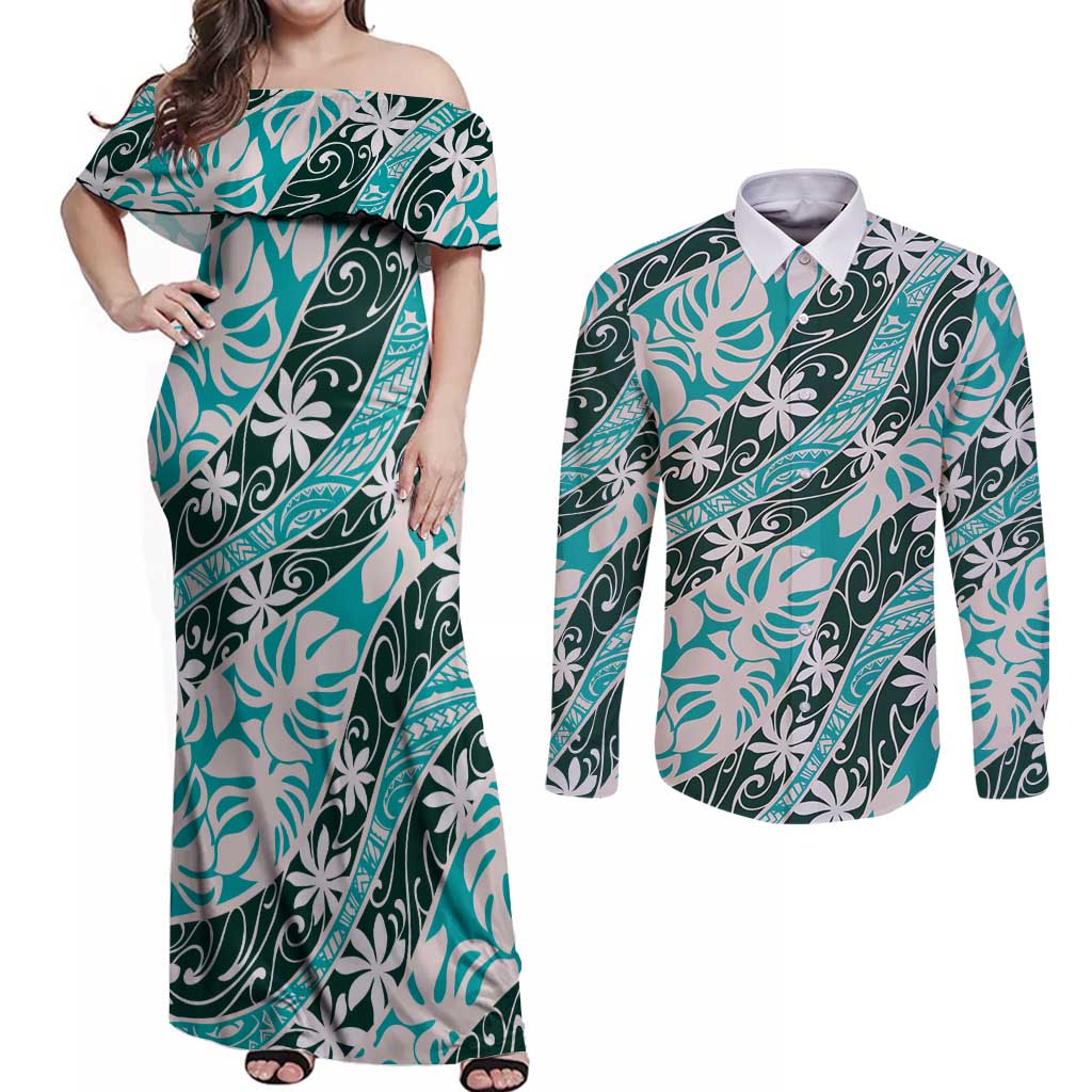 Cyan Tahiti Tiare Monstera Couples Matching Off Shoulder Maxi Dress and Long Sleeve Button Shirt Polynesian Pattern Curve Style LT01 Cyan - Polynesian Pride