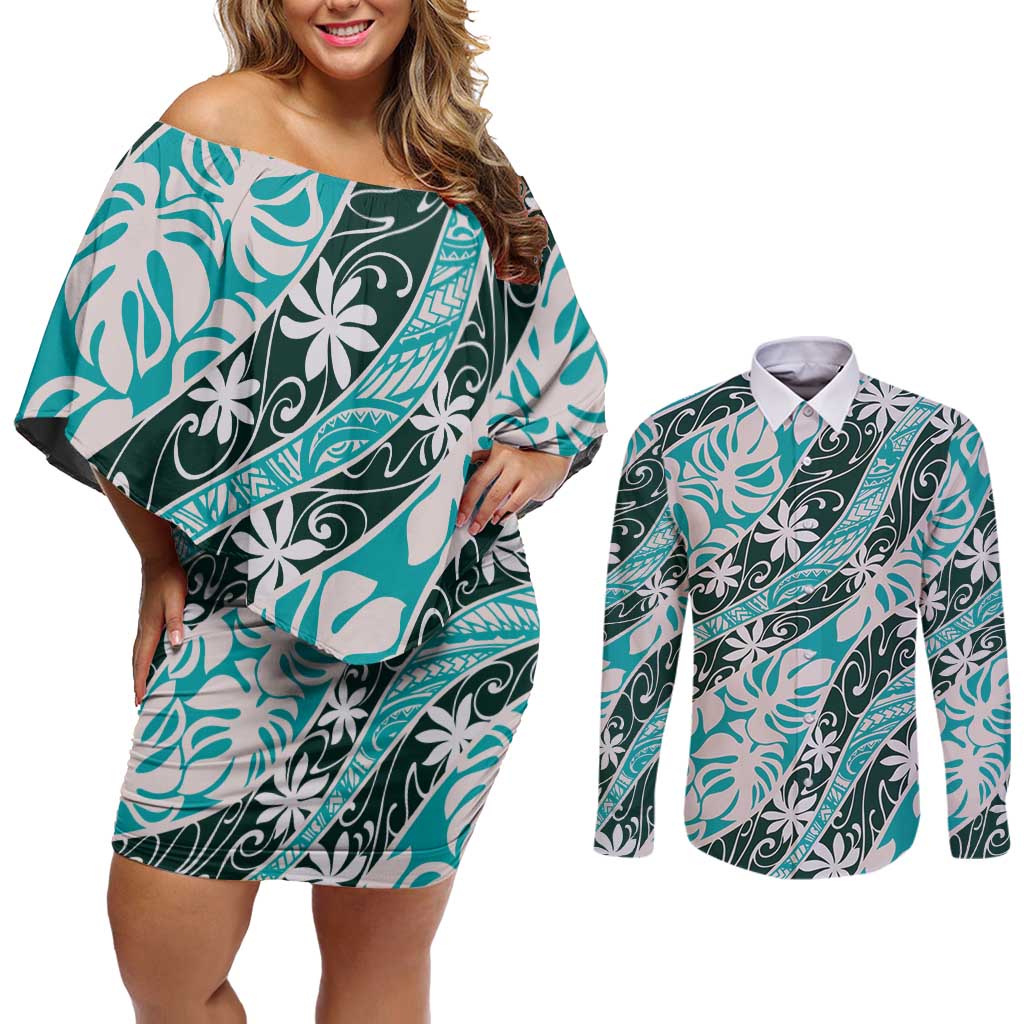 Cyan Tahiti Tiare Monstera Couples Matching Off Shoulder Short Dress and Long Sleeve Button Shirt Polynesian Pattern Curve Style LT01 Cyan - Polynesian Pride