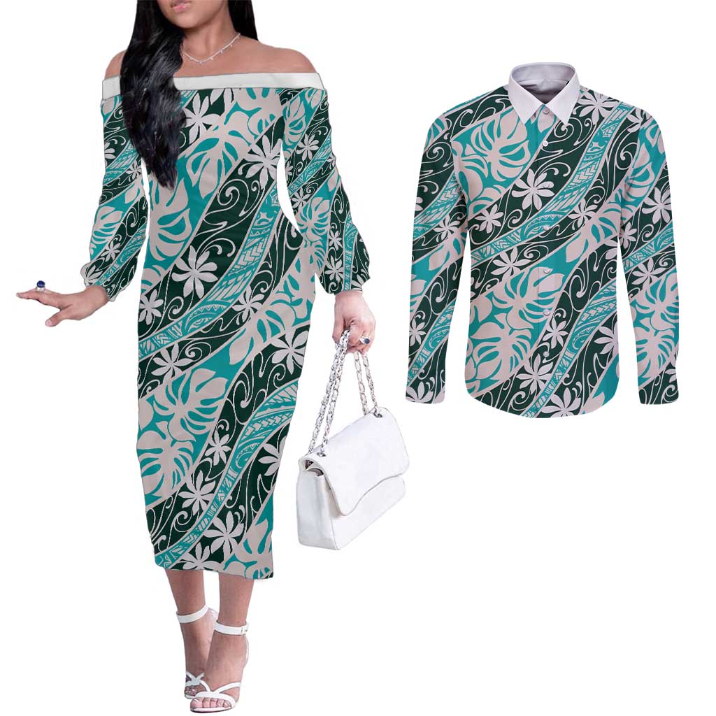 Cyan Tahiti Tiare Monstera Couples Matching Off The Shoulder Long Sleeve Dress and Long Sleeve Button Shirt Polynesian Pattern Curve Style LT01 Cyan - Polynesian Pride