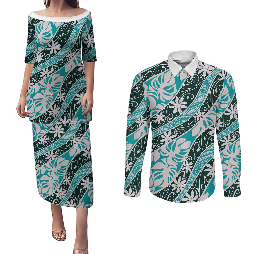 Cyan Tahiti Tiare Monstera Couples Matching Puletasi and Long Sleeve Button Shirt Polynesian Pattern Curve Style LT01 Cyan - Polynesian Pride
