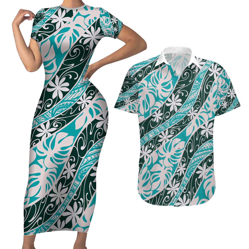 Cyan Tahiti Tiare Monstera Couples Matching Short Sleeve Bodycon Dress and Hawaiian Shirt Polynesian Pattern Curve Style - Polynesian Pride