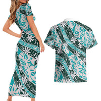 Cyan Tahiti Tiare Monstera Couples Matching Short Sleeve Bodycon Dress and Hawaiian Shirt Polynesian Pattern Curve Style - Polynesian Pride