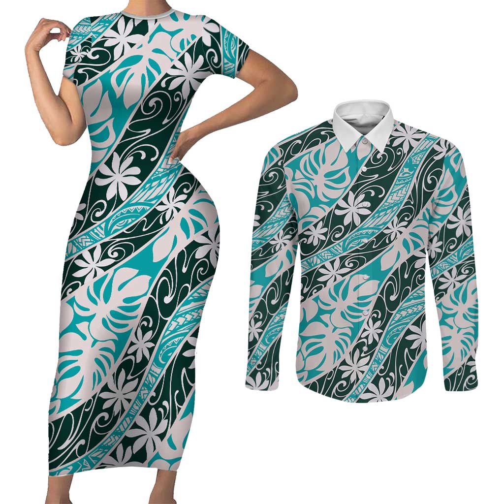 Cyan Tahiti Tiare Monstera Couples Matching Short Sleeve Bodycon Dress and Long Sleeve Button Shirt Polynesian Pattern Curve Style LT01 Cyan - Polynesian Pride