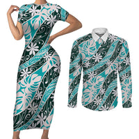 Cyan Tahiti Tiare Monstera Couples Matching Short Sleeve Bodycon Dress and Long Sleeve Button Shirt Polynesian Pattern Curve Style LT01 Cyan - Polynesian Pride
