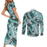Cyan Tahiti Tiare Monstera Couples Matching Short Sleeve Bodycon Dress and Long Sleeve Button Shirt Polynesian Pattern Curve Style LT01 - Polynesian Pride