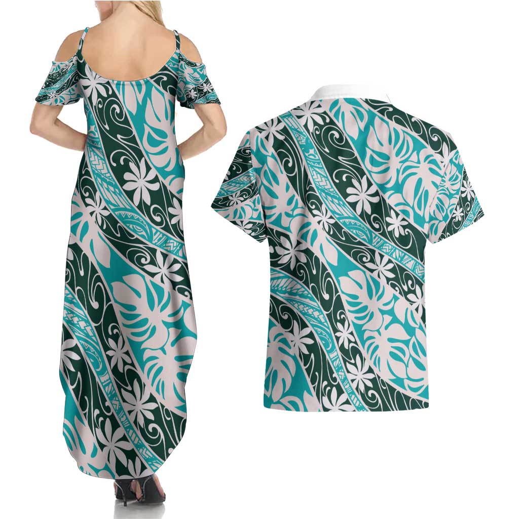 Cyan Tahiti Tiare Monstera Couples Matching Summer Maxi Dress and Hawaiian Shirt Polynesian Pattern Curve Style - Polynesian Pride