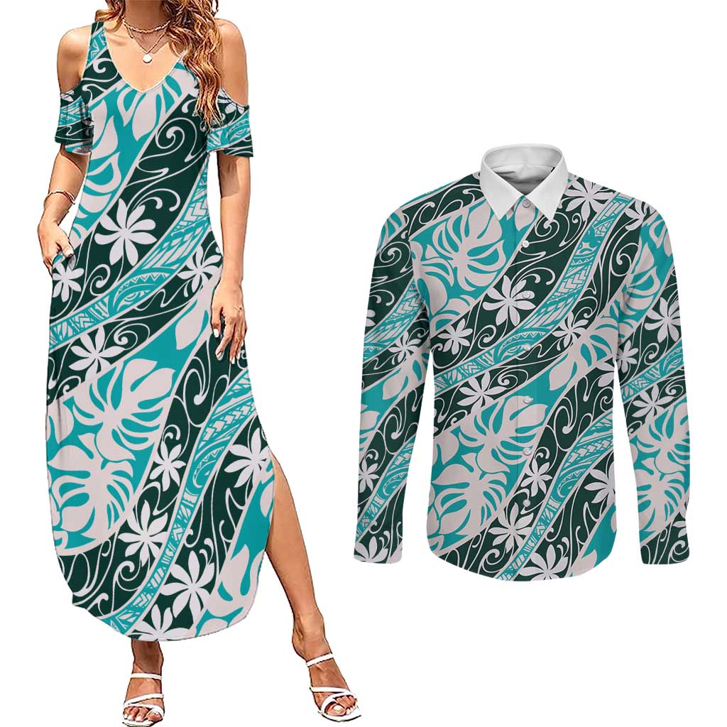 Cyan Tahiti Tiare Monstera Couples Matching Summer Maxi Dress and Long Sleeve Button Shirt Polynesian Pattern Curve Style LT01 Cyan - Polynesian Pride