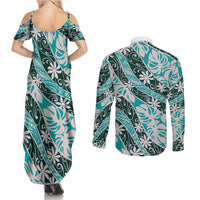 Cyan Tahiti Tiare Monstera Couples Matching Summer Maxi Dress and Long Sleeve Button Shirt Polynesian Pattern Curve Style - Polynesian Pride