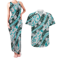 Cyan Tahiti Tiare Monstera Couples Matching Tank Maxi Dress and Hawaiian Shirt Polynesian Pattern Curve Style - Polynesian Pride