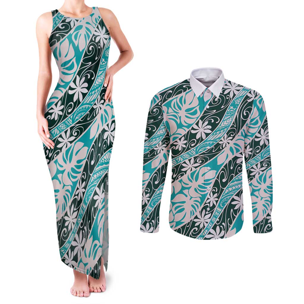 Cyan Tahiti Tiare Monstera Couples Matching Tank Maxi Dress and Long Sleeve Button Shirt Polynesian Pattern Curve Style LT01 Cyan - Polynesian Pride