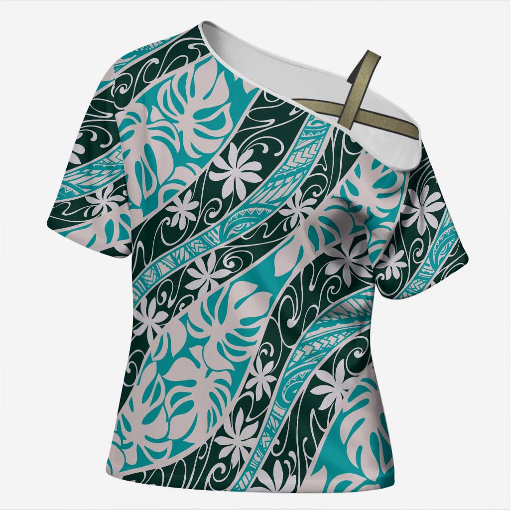 Cyan Tahiti Tiare Monstera Cross Shoulder Shirt Polynesian Pattern Curve Style LT01 Female Cyan - Polynesian Pride