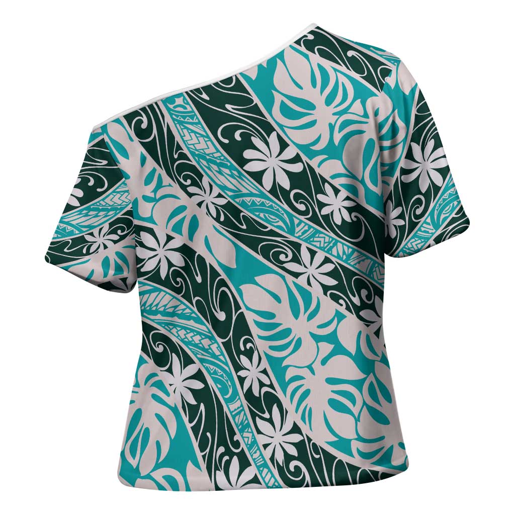 Cyan Tahiti Tiare Monstera Cross Shoulder Shirt Polynesian Pattern Curve Style - Polynesian Pride