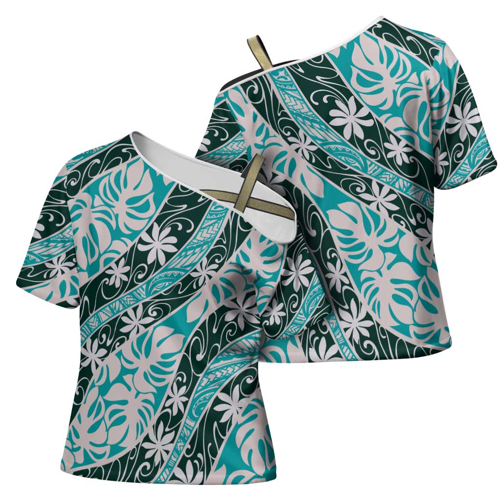 Cyan Tahiti Tiare Monstera Cross Shoulder Shirt Polynesian Pattern Curve Style - Polynesian Pride