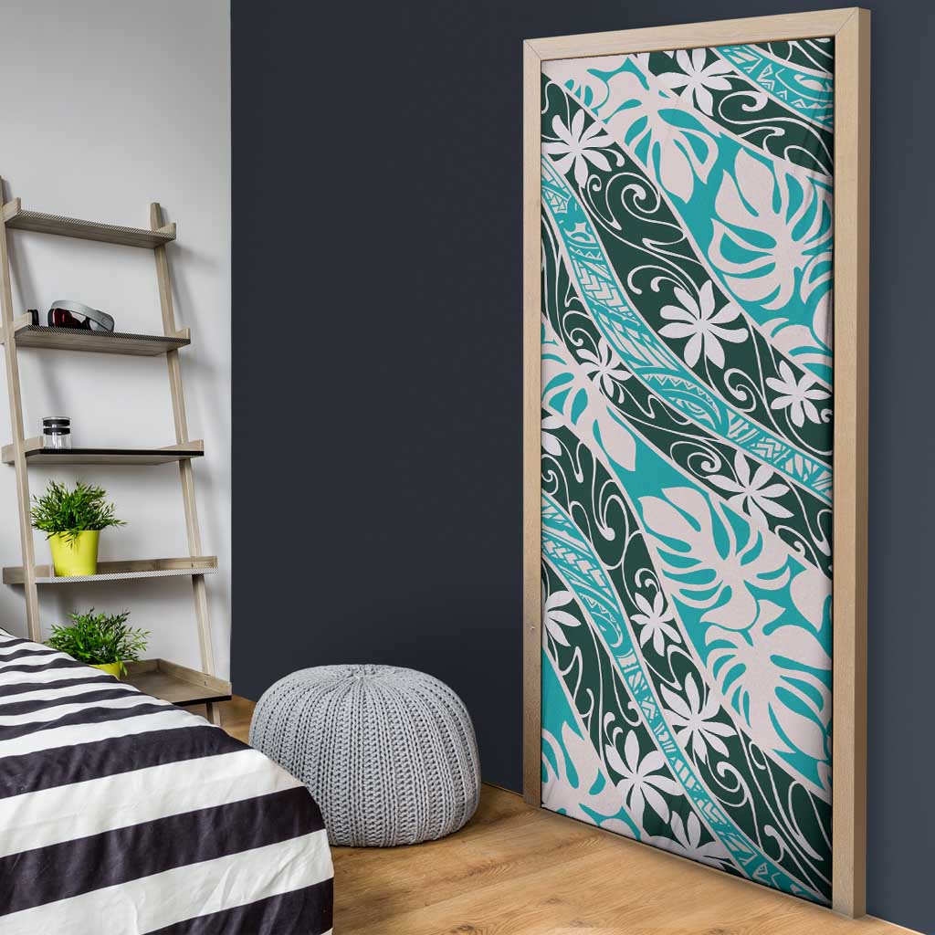 Cyan Tahiti Tiare Monstera Door Cover Polynesian Pattern Curve Style - Polynesian Pride